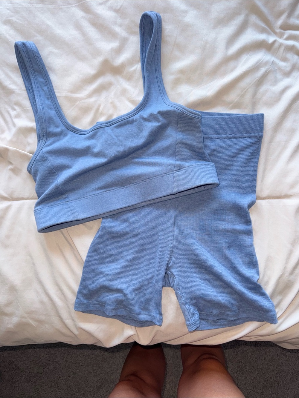 Fabletics Powder Blue Seamless Ribbed Sports Bra and Shorts Set